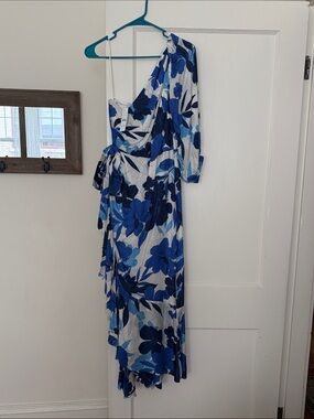 J. Crew Blue and White One-Shoulder Floral Wrap Dress